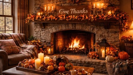 Obraz premium Cozy autumn fireplace decor scene.