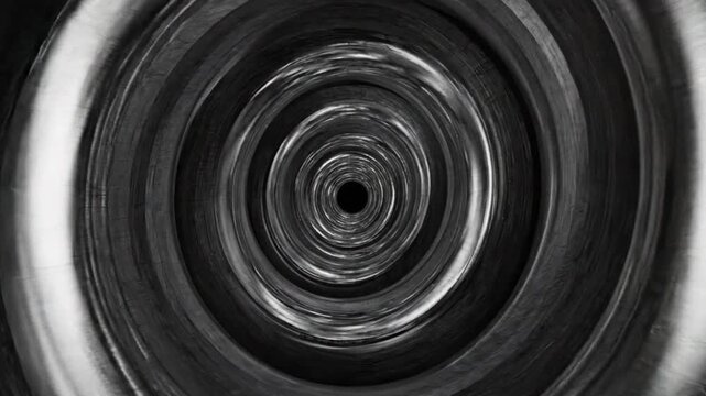 Rotating circular black tunnel vortex creating deep infinite depth with swirling metallic texture in this mesmerizing seamless digital motion footage