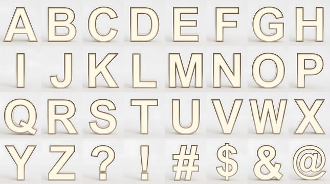 Clean studio photograph of a minimalist 3D alphabet and punctuation set featuring white volumetric letters and symbols with subtle borders arranged on a light background.