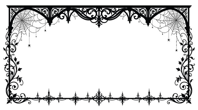 Haloween border Gothic wrought iron frame vector, vintage Halloween border with spider webs, ornate Victorian black metal archway illustration isolated on White Background editable eps