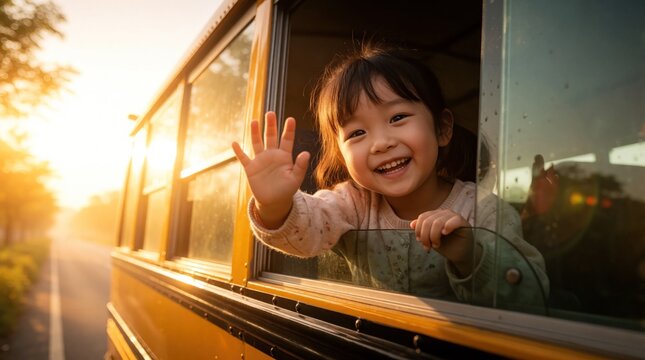 Smiling girl waves from school bus window at sunrise. Happy child begins school journey with morning light and parental support for a good start.