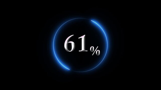 Neon blue circular loading progress bar animation with 61% percent counter, digital interface for ui ux and technology projects on black background 4k video
