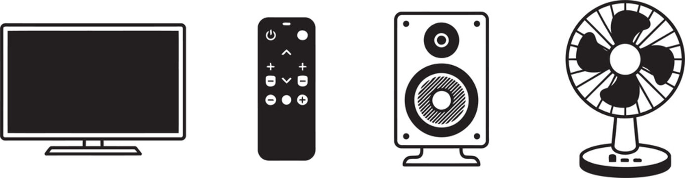 Household electronics set featuring flat screen television remote control audio speaker and electric cooling fan for modern living room entertainment and comfort.