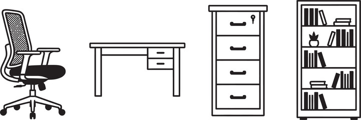 Office furniture vector outline icons showing ergonomic mesh chair wooden writing desk metal filing cabinet and tall bookshelf loaded with literature. © Mr WaQaS