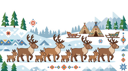 Naklejka premium Arctic landscape with reindeer herd and traditional tents.