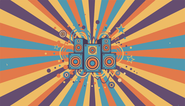 Retro sound system illustration featuring a stack of blue speakers surrounded by vibrant colorful sunburst rays and stars.
