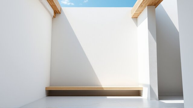 Minimalist interior. Bright space features white walls, wooden bench, blue sky visible above. Clean lines, modern design.