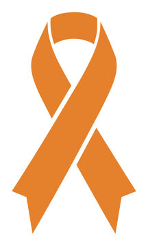 Bold orange awareness ribbon icon with a stylized loop and symmetrical flared ends on a clean white background, charitable cause and medical awareness concept