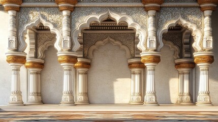 Obraz premium Ornate marble pillars featuring intricate golden carvings display majestic architectural detail within this historical palace hall bathed in warm sunlight