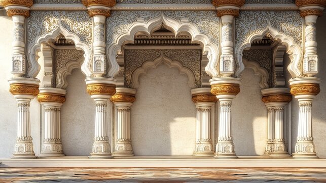 Ornate marble pillars featuring intricate golden carvings display majestic architectural detail within this historical palace hall bathed in warm sunlight