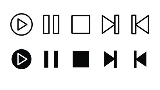 Minimalist media player button set featuring play pause stop and skip icons in solid black and outlined vector graphic style