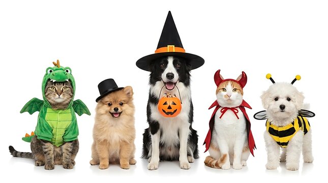 Five pets in halloween costumes dragon witch devil bee hat white background animal