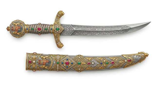 Ornate historical dagger and sheath with decorative gemstone embellishments