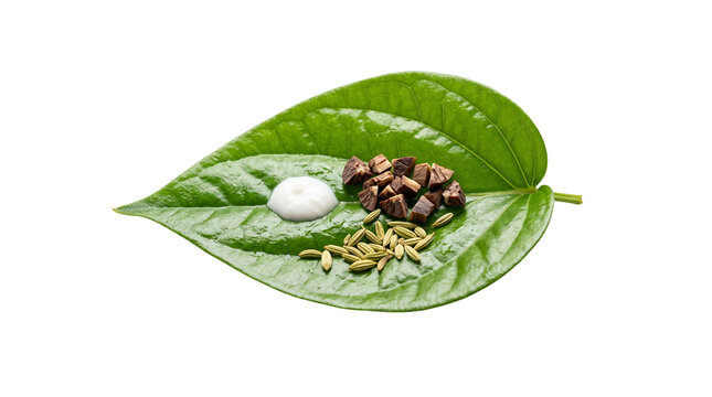 Fresh green betel leaf with areca nut and lime paste, traditional indian paan ingredients, herbal digestive leaf on white background