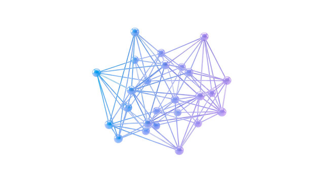 Abstract neural network structure, blue and purple digital connection lines, futuristic technology data visualization on white background