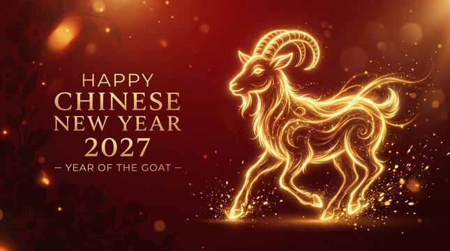 2027 Year of the Goat Chinese New Year Greeting Card with Golden Goat and Cherry Blossoms