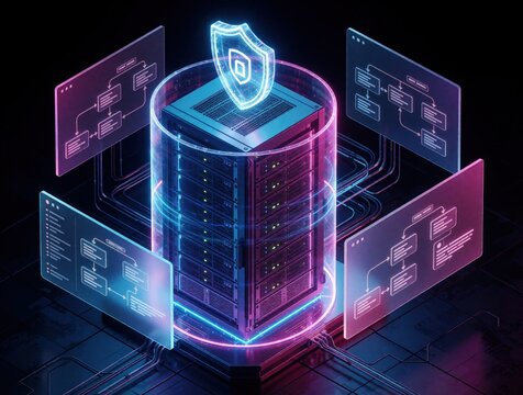 Secure server rack with glowing shield icon and data flow diagrams. Network security concept with neon lighting and futuristic tech visuals. Protects digital information and systems.