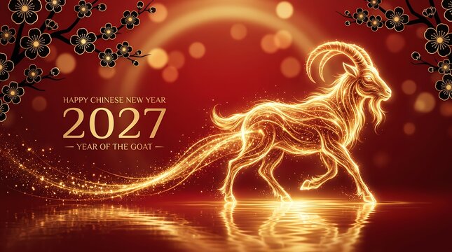 2027 Year of the Goat Chinese New Year Greeting Card with Golden Goat and Cherry Blossoms