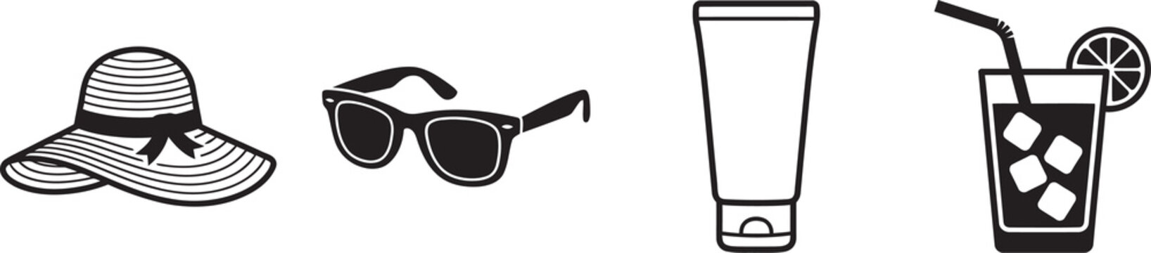 Sun hat, sunglasses, sunscreen, and a cold drink are essential items for a summer vacation or beach trip.