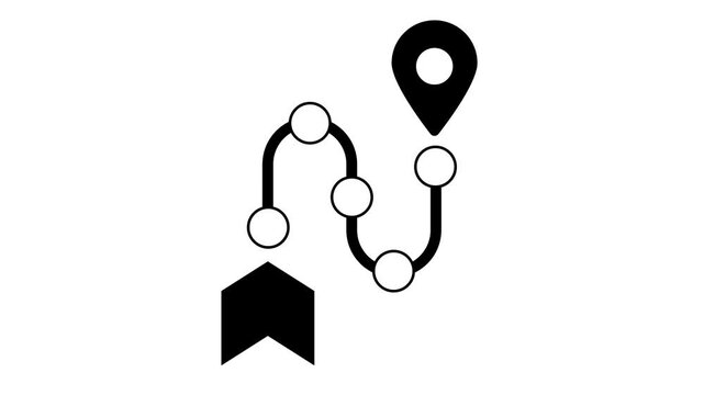Route black animated icon on a white background. Gps navigation black line animation. culminating in a target location pin, representing travel and mapping. Motion graphic