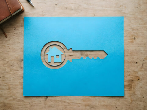 A paper cut out of a house key on a bright blue background for real estate concept