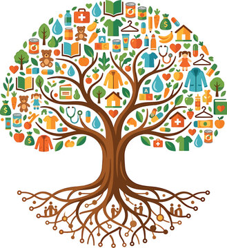 Colorful tree of life illustration made of various daily life icons and objects for charity Vector