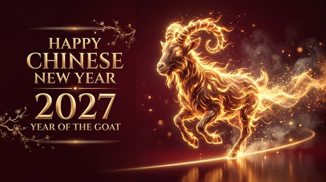Chinese New Year 2027 Celebration with Glowing Golden Goat and Festive Red Background