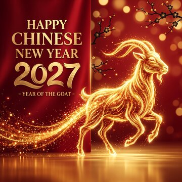 Chinese New Year 2027 Year of the Goat with Golden Goat on Red Background