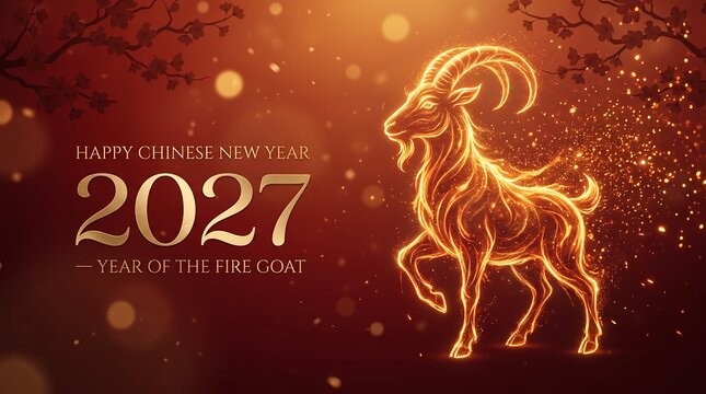 Chinese New Year 2027 Year of the Goat with Golden Goat on Red Background