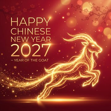 Chinese New Year 2027 Year of the Goat with Golden Goat on Red Background