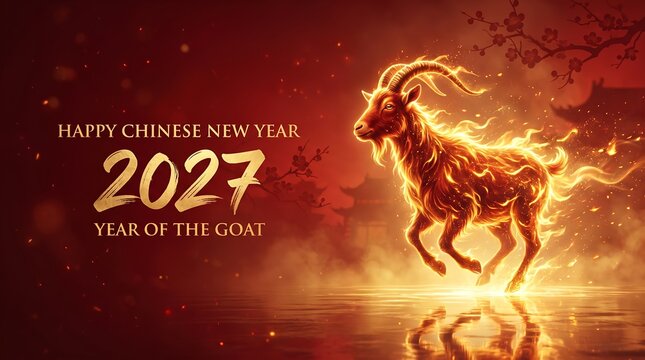 Chinese New Year 2027 Year of the Goat with Golden Goat on Red Background