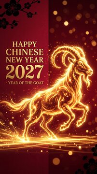 Chinese New Year 2027 Year of the Goat with Golden Goat on Red Background