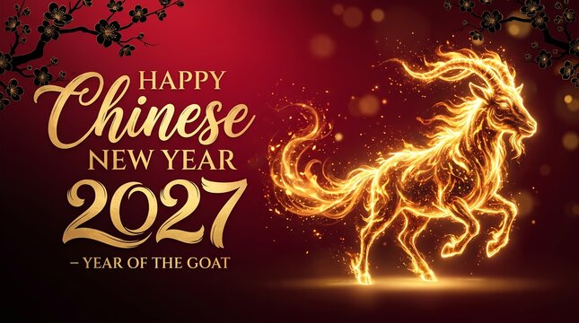 2027 Year of the Goat Chinese New Year Greeting Card with Golden Goat and Cherry Blossoms
