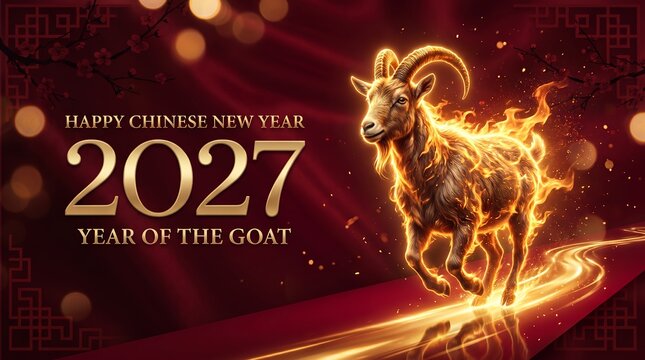 2027 Year of the Goat Chinese New Year Greeting Card with Golden Goat and Cherry Blossoms