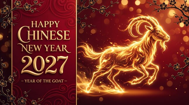 Chinese New Year 2027 Celebration with Glowing Golden Goat and Festive Red Background