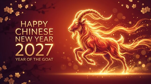 Chinese New Year 2027 Celebration with Glowing Golden Goat and Festive Red Background