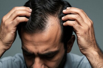 Fototapeta premium Man inspects thinning hair and scalp for hair loss signs. He worries about balding, touches head, checks crown area. Concerned man examines receding hairline, potential alopecia problem.