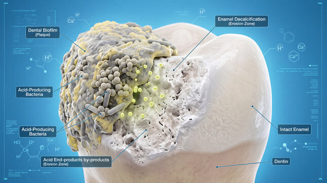 Dental biofilm, acid producing bacteria, and acid end products cause enamel decalcification and tooth decay, leading to dental caries and exposing dentin while some enamel remains intact