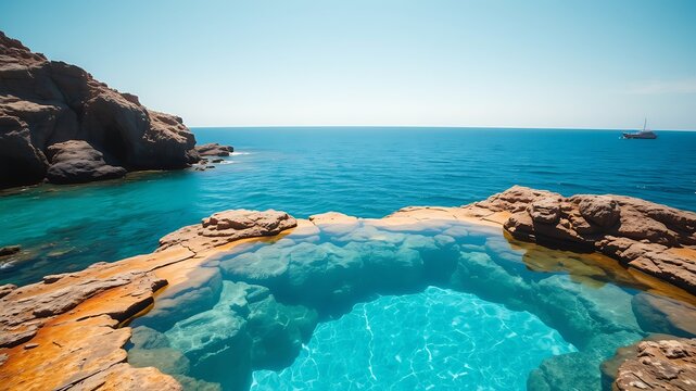 Natural rock pool overlooking turquoise ocean waters and distant boat image