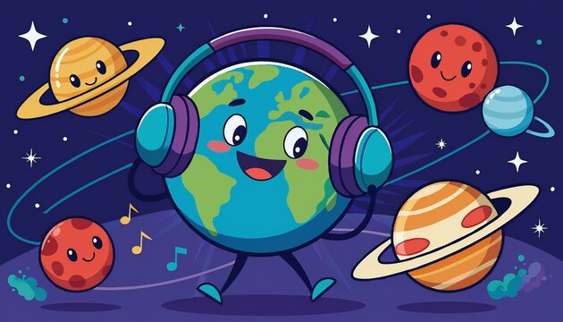 Smiling Earth wearing headphones while dancing with planets in space, cheerful educational cartoon, vibrant vector illustration