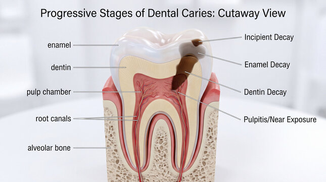 Progressive stages of dental caries cutaway view showing enamel, dentin, pulp chamber, root canals, and alveolar bone with labeled tooth decay stages for educational use