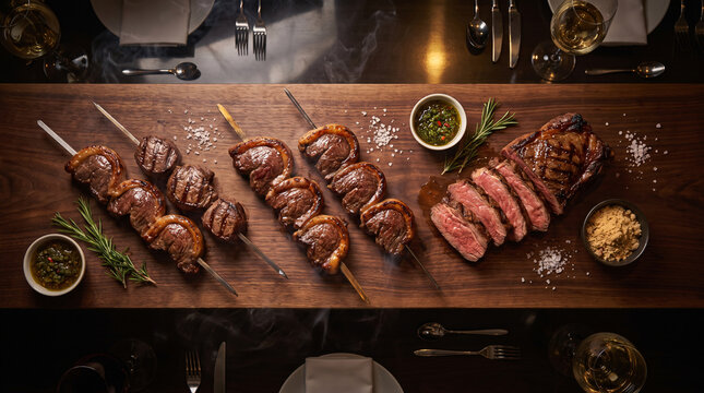 Top‑down shot of assorted grilled meat cuts resting on dark wooden board, with fresh herbs, salt bowls, warm ambient lighting on dark wood table.