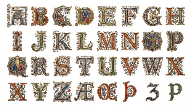 High resolution illustration set of an illuminated manuscript alphabet featuring intricate medieval drop cap letters decorated with gold leaf accents floral motifs religious figures and historic typog