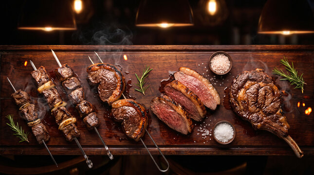 Top‑down shot of assorted grilled meat cuts resting on dark wooden board, with fresh herbs, salt bowls, warm ambient lighting on dark wood table.