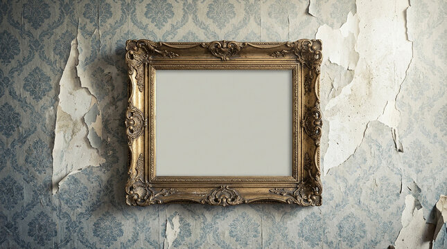 Ornate antique gold frame hangs on peeling damask wallpaper