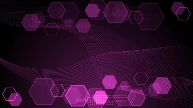 Abstract dark background with glowing turquoise hexagons and flowing wavy lines animation