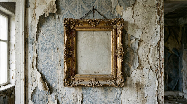 Ornate gold frame hanging on distressed damask wallpaper wall antique