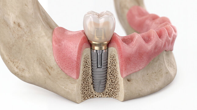 Dental implant, artificial tooth, gum, jawbone, oral health, and bone structure are shown in this cross section, illustrating modern dental restoration and treatment for tooth loss