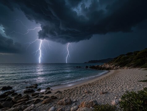 Dramatic lightning strikes over dark ocean during night storm. Huge thunderclouds fill sky above rocky beach, sea. Powerful electrical bolts illuminate coastal landscape, waves. Wild weather brings