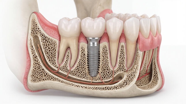 Dental implant tooth gum bone jaw oral anatomy root gum disease dentistry health medical Dental implant jaw bone showing tooth root gum and bone structure highlighting oral anatomy and gum disease